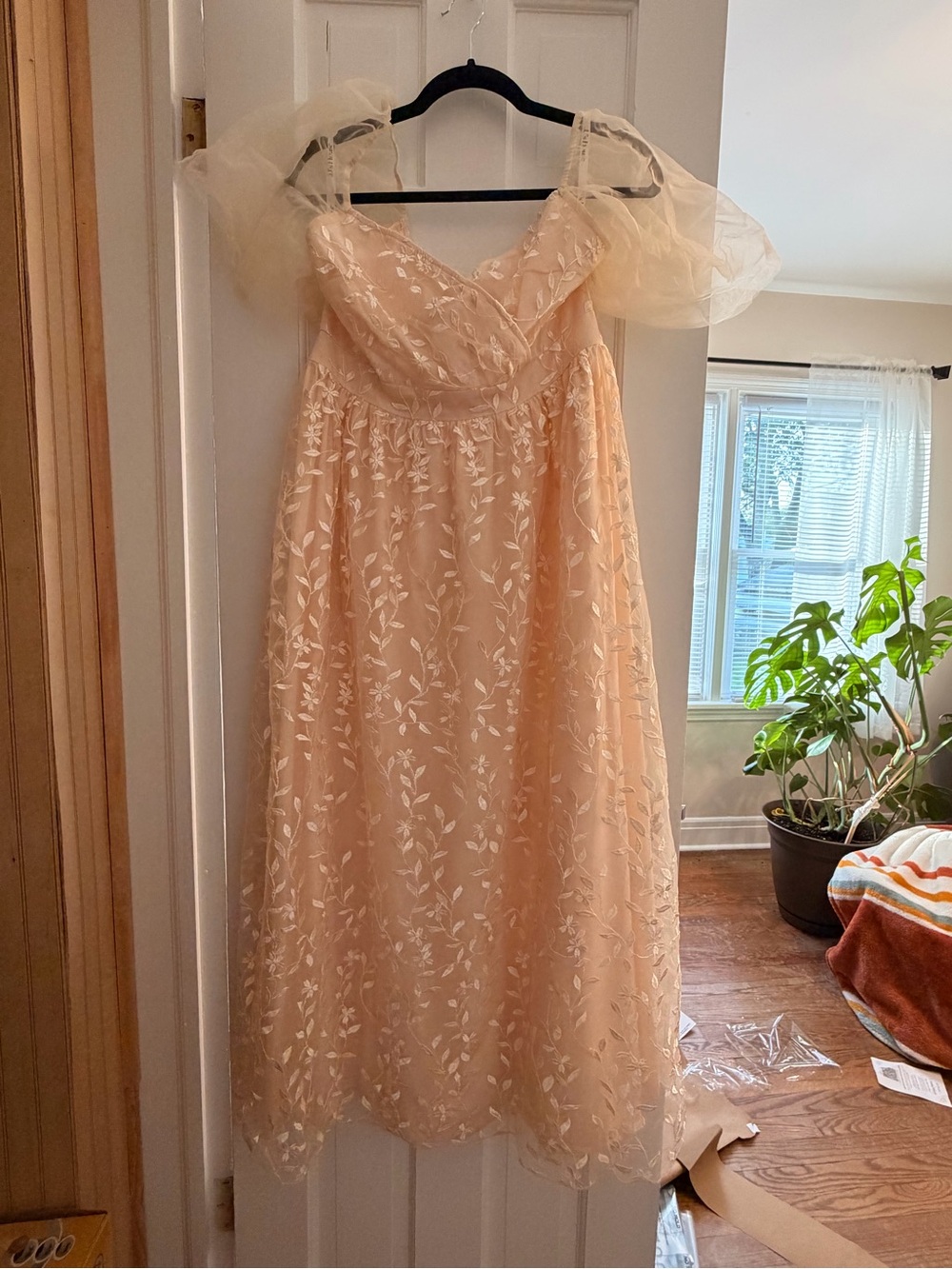 JJs House Peach Embroidered Tulle Midi Dress with Puff Sleeves